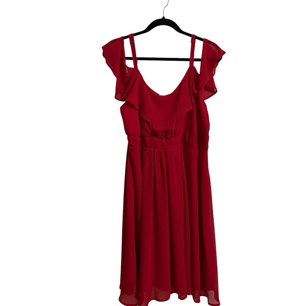 Red Chiffon Cold Shoulder Ruffle Flutter Sleeve Cocktail Dress Knee Length - Picture 7 of 7